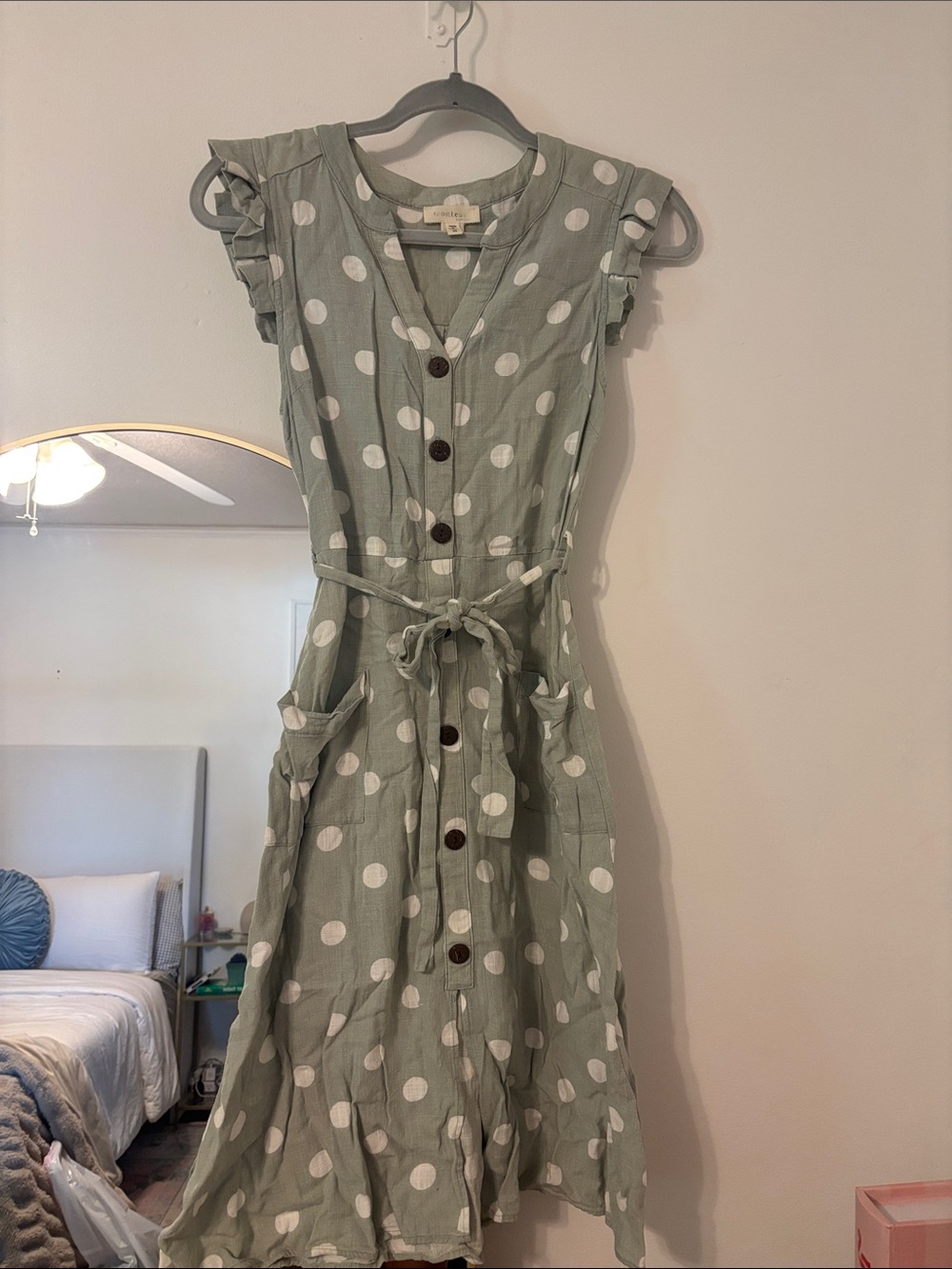 Monteau Sage Green Polka Dot Button-Down Midi Dress with Tie Waist